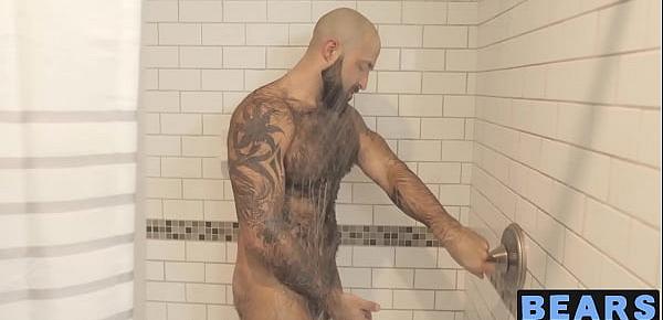  Bear washes his furry body and spanks his thick monkey